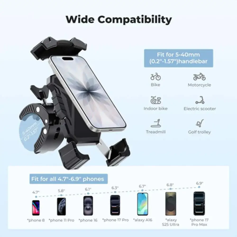 Motorcycle Phone Mount, Bike Phone Holder, 360 Degree Adjustable Handlebar Clamp